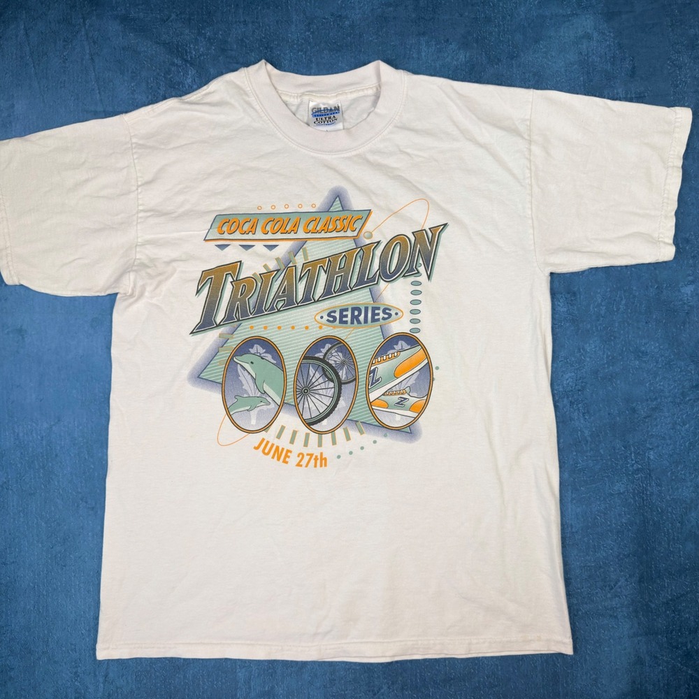 Vintage Gildan Coca Cola Classic Triathlon Graphic T-Shirt Mens L White